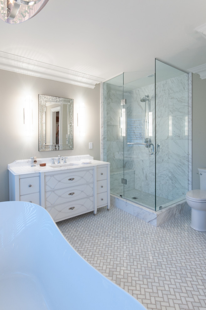 Design ideas for a large transitional master bathroom in Toronto with white cabinets, a freestanding tub, a corner shower, gray tile, grey walls, porcelain floors, an undermount sink, grey floor, turquoise benchtops, a niche, a shower seat, a single vanity, a built-in vanity and flat-panel cabinets.