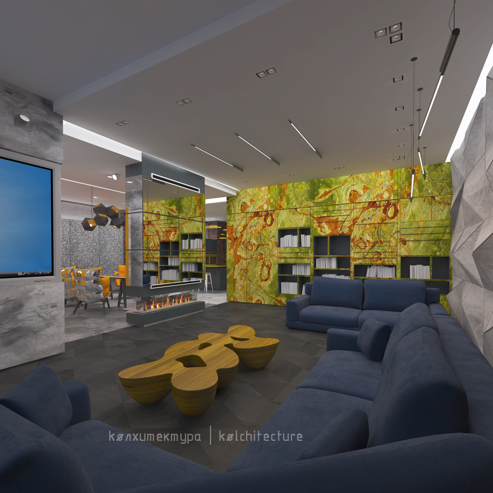 Лофт-гостиная. Камин. Оникс. бетон