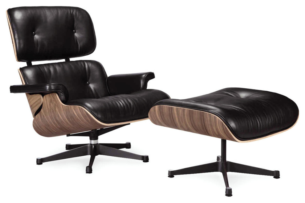 Lounge Chair and Ottoman, Black, Walnut Veneer, High-End Leatherette