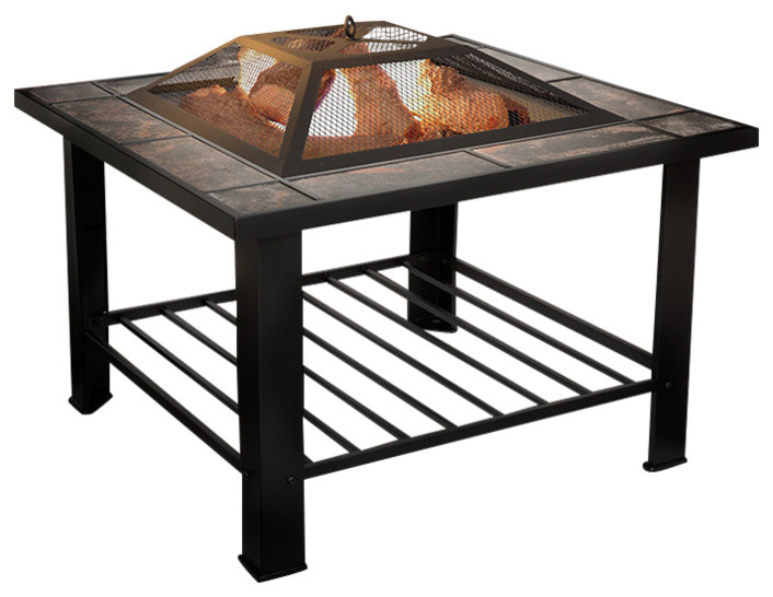 Pure Garden 30 inch Square Fire Pit and Table with Cover - Black