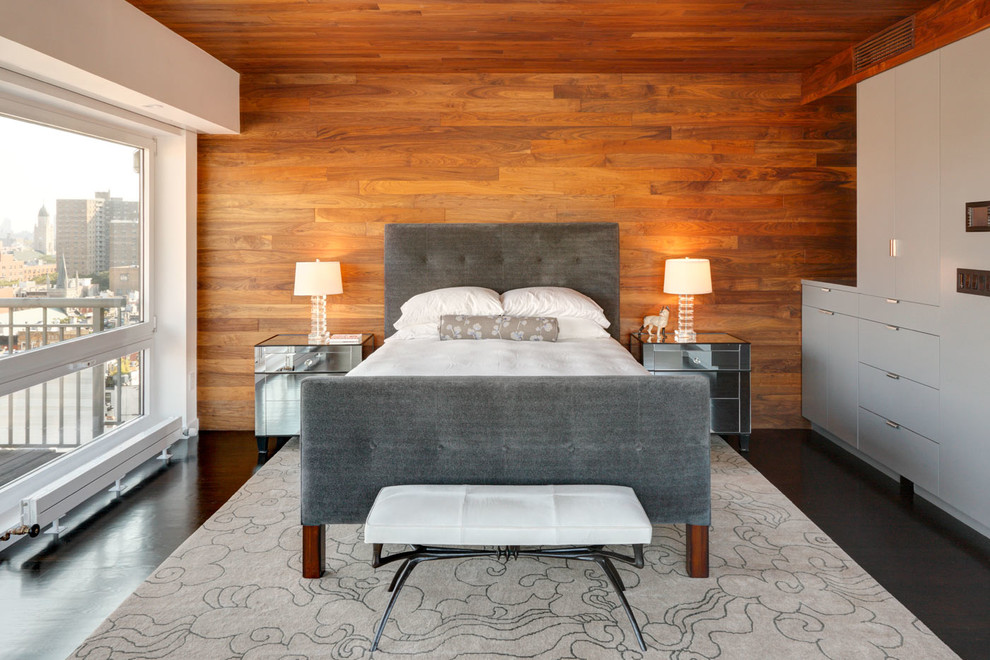 Design ideas for a contemporary bedroom in New York with brown walls.
