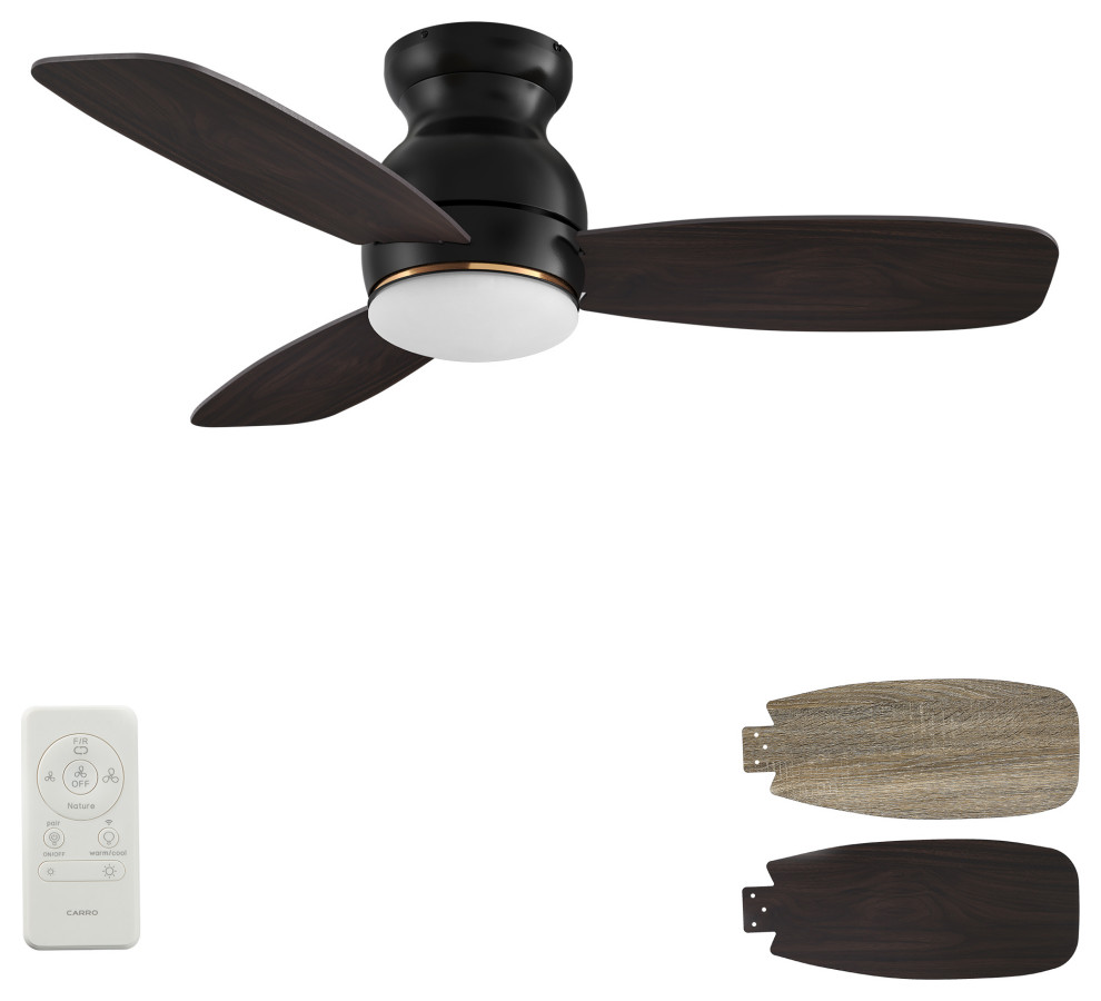 CARRO Low Profile Flush Ceiling Fan with Remote and Dim LED Light, Black, 44"