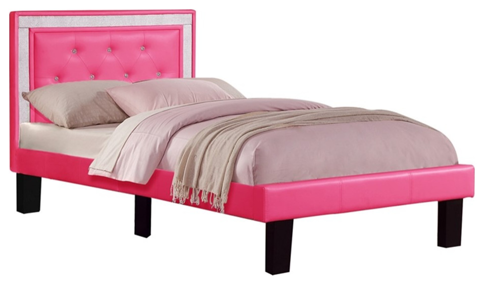 Rosebery Kids Modern Twin Faux Leather Bed Frame with Slats in Pink