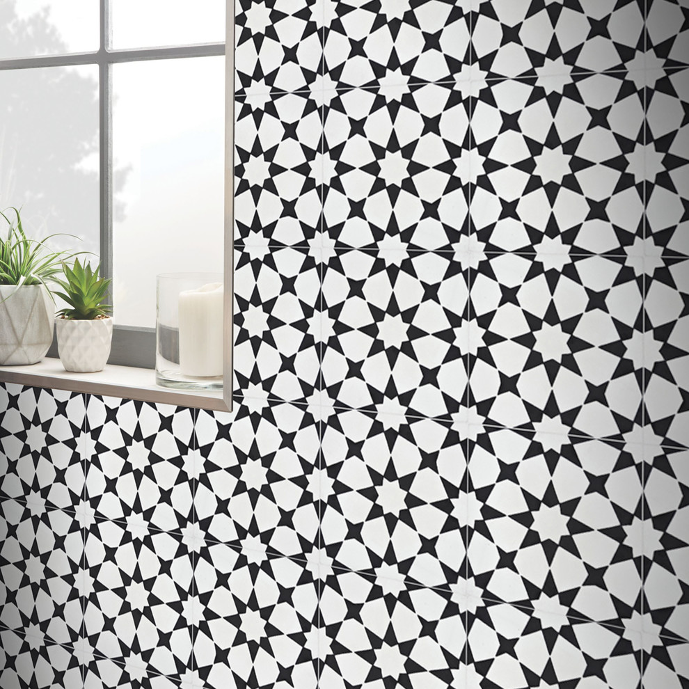 8"x8" Medina Handmade Cement Tile, White/Black, Set of 12