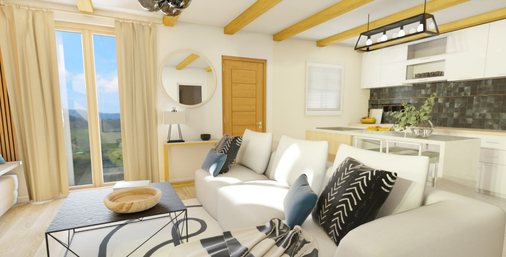 Пример оригинального дизайна: большая открытая гостиная комната:: освещение в современном стиле с бежевыми стенами, светлым паркетным полом, бежевым полом и балками на потолке