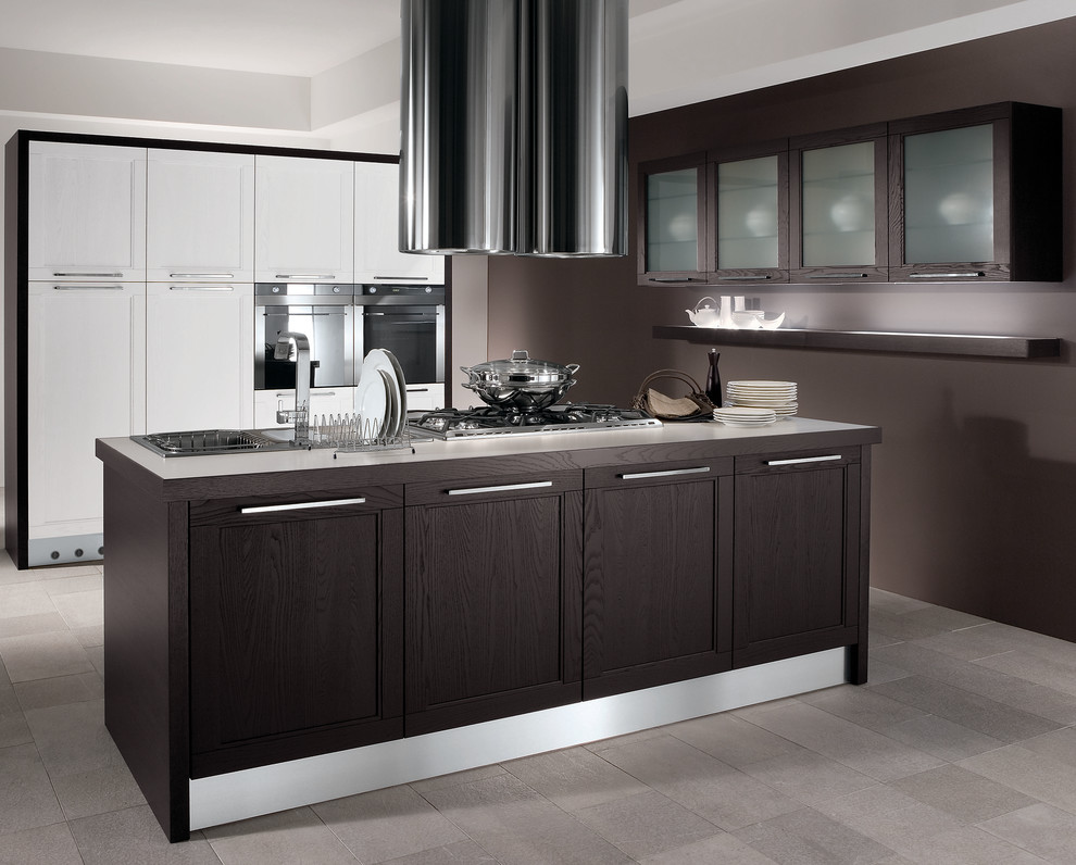 Design ideas for a mid-sized contemporary single-wall kitchen pantry in San Diego with a double-bowl sink, glass-front cabinets, brown cabinets, quartzite benchtops, brown splashback, ceramic splashback, panelled appliances, ceramic floors and with island.
