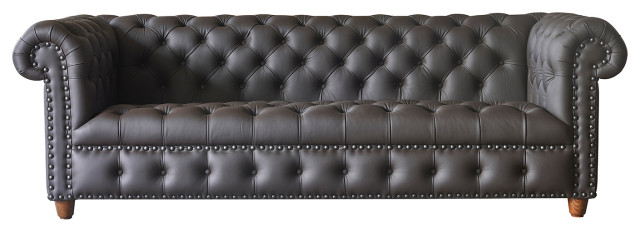 Baron Genuine Leather Chesterfield Sofa, Grey Leather Chesterfield Sofa