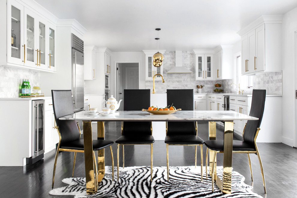 Transitional kitchen/dining combo in New York with white walls, dark hardwood floors and black floor.