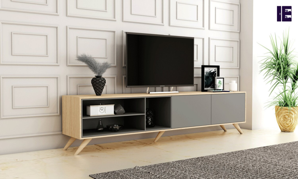 Design ideas for a small modern open plan home cinema in London with a built-in media unit.