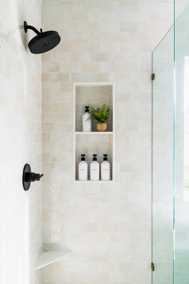 Small farmhouse double-sink corner shower photo in Seattle with shaker cabinets, quartz countertops, a hinged shower door and a freestanding vanity