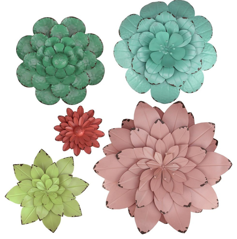 Set of 5 Multi Colored Distressed Leaf Flower Dimensional Wall