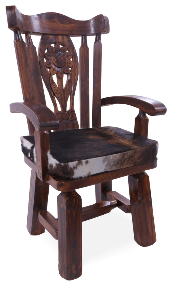 Reclaimed Wood Chair Handcarved Back Removable Hair-On Cowhide Pillow C163-CP