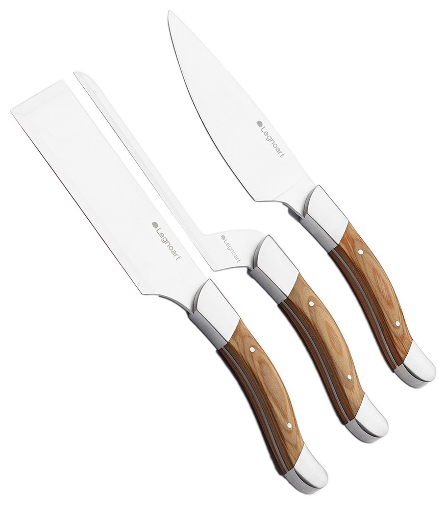 Legnoart Stainless Steel Fromager Cheese Knife 3 Piece Set, Light Wood