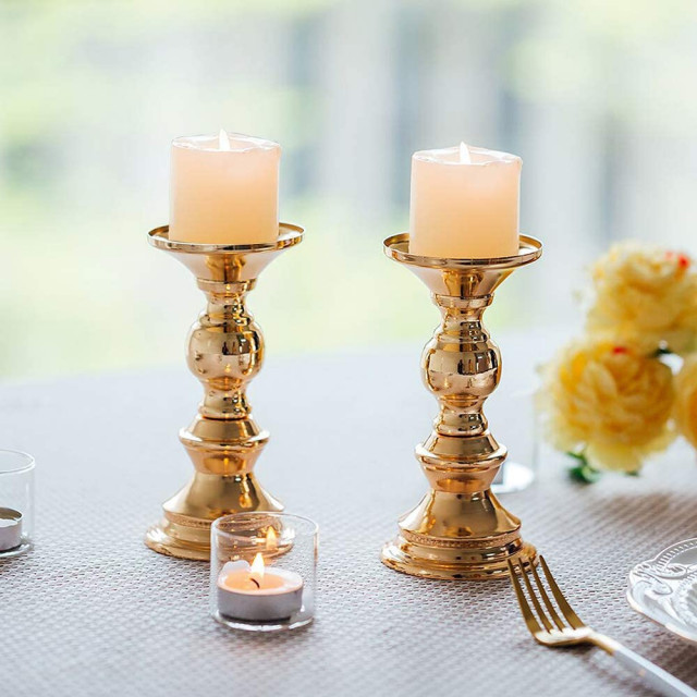 Set of 2 Gold Candlestick Metal Pillar Candle Holders - Modern ...