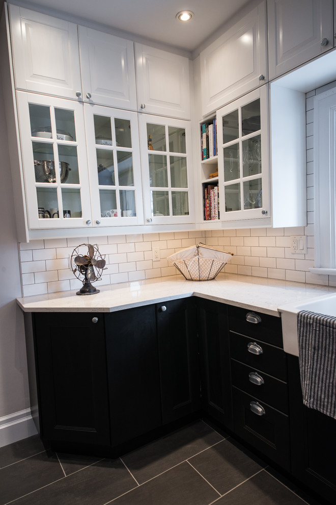 Transitional galley home design photo in Ottawa with recessed-panel cabinets, black cabinets, quartzite countertops, white backsplash, stainless steel appliances and no island