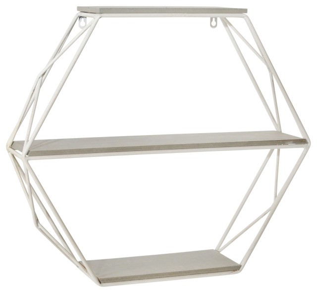 Metal/Wood 3 Tier Hexagon Wall Shelf, Gray/White Contemporary