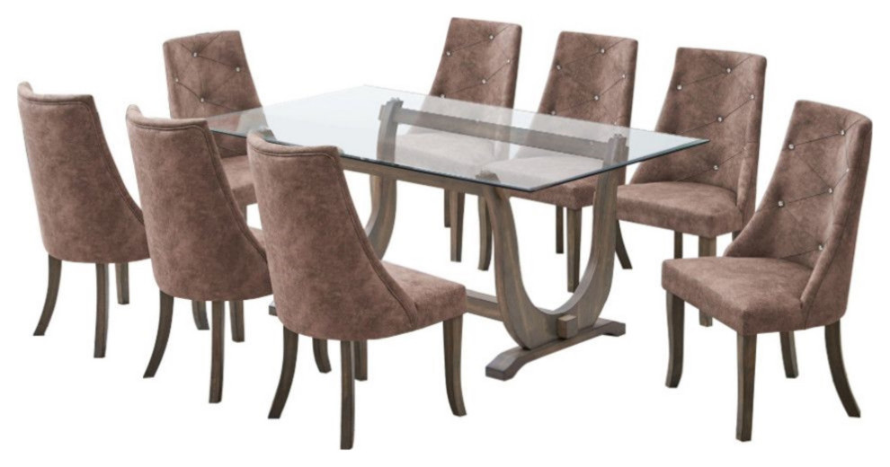 Benoit Glasstop Dining Set, Dark Brown, 8 Chairs