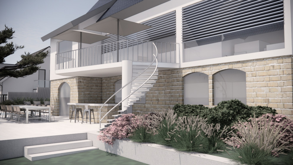 Moderner Poolgarten am Hang