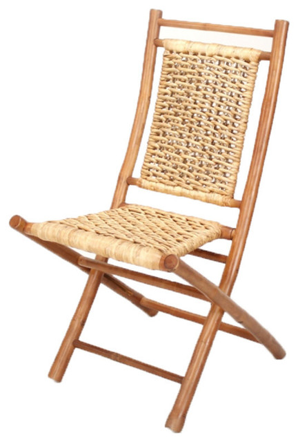 Makaha Bamboo Folding Chair With Open Link Water Hyacinth Weave, Set of 2
