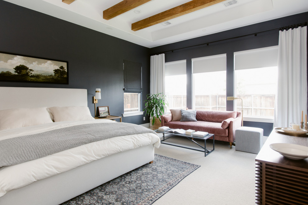 This is an example of a large eclectic master bedroom in Dallas with black walls, carpet, no fireplace, grey floor and exposed beam.