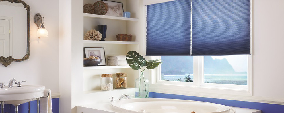 Drop-in bathtub - large transitional master drop-in bathtub idea with open cabinets, white cabinets, white walls, a console sink and solid surface countertops