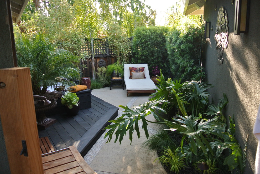 Small tropical backyard patio in San Francisco with decking.