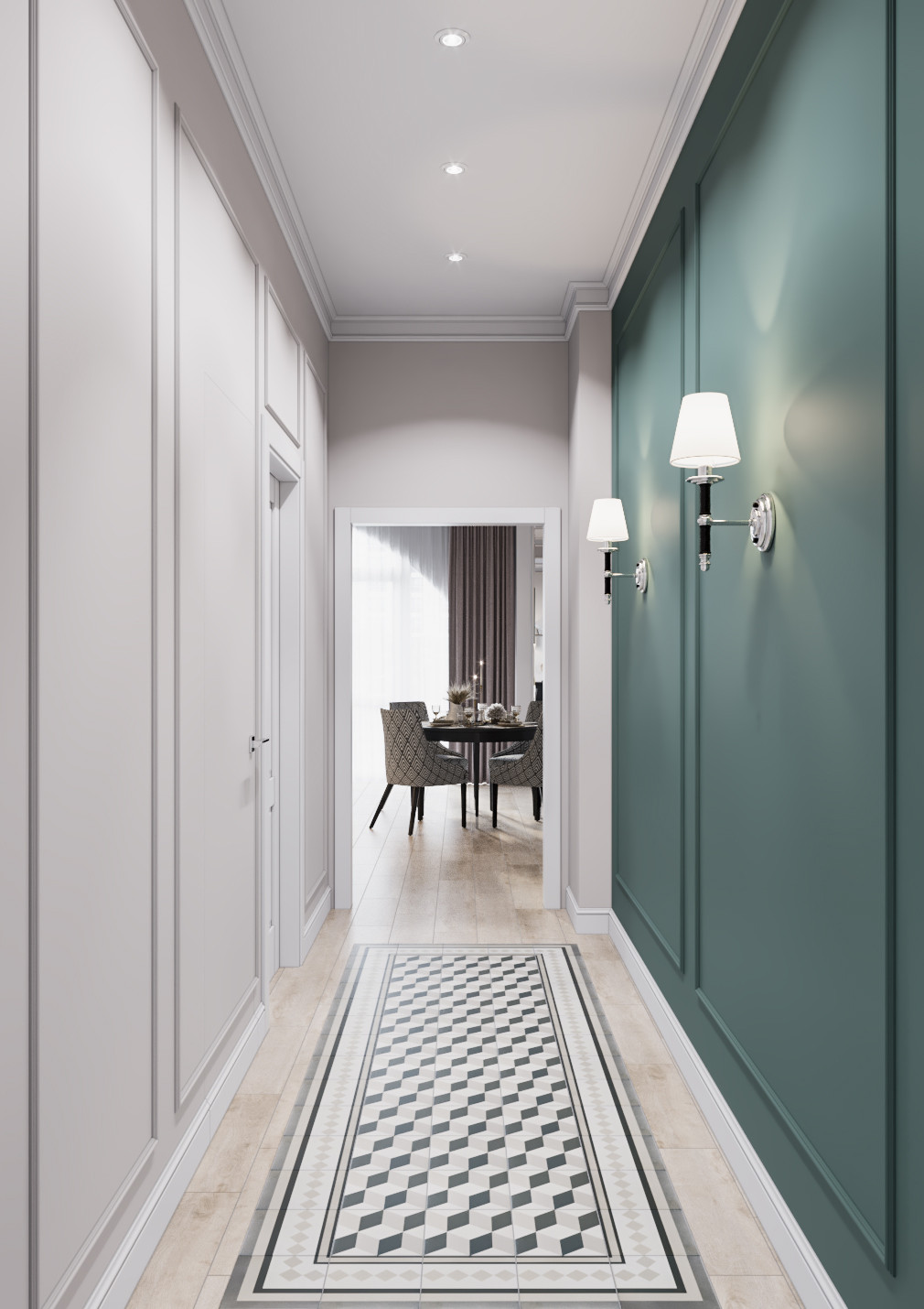 Дизайн интерьера в неоклассике с зелеными акцентами