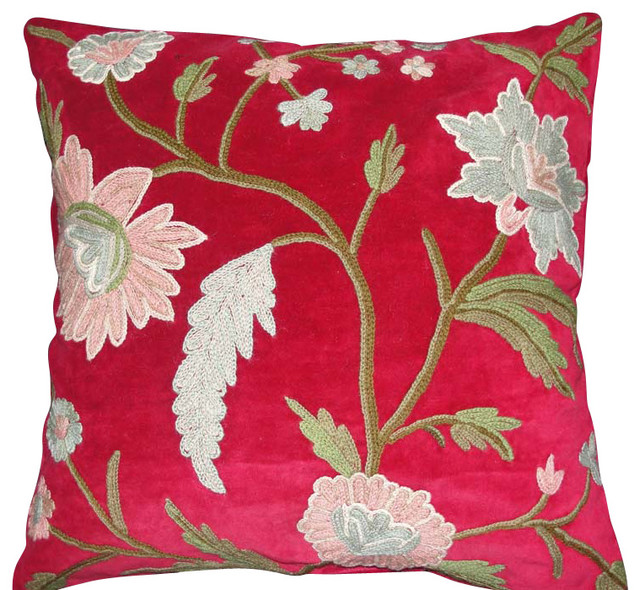 Crewel Pillow Daisy Red Cotton Velvet 20x20 Inches