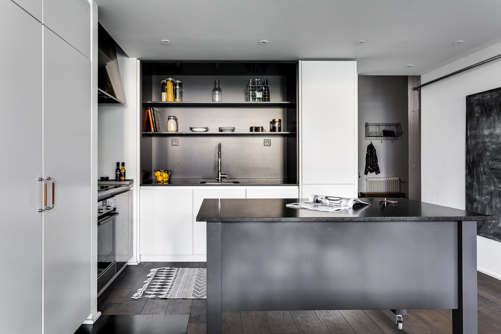 Design ideas for a mid-sized scandinavian u-shaped kitchen in Stockholm with open cabinets, black splashback, dark hardwood floors and with island.