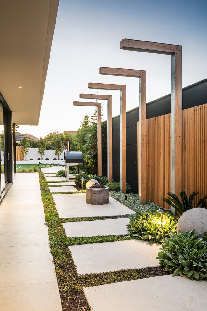 Photo of a mid-sized contemporary courtyard garden in Melbourne with with path, concrete pavers and a wood fence.