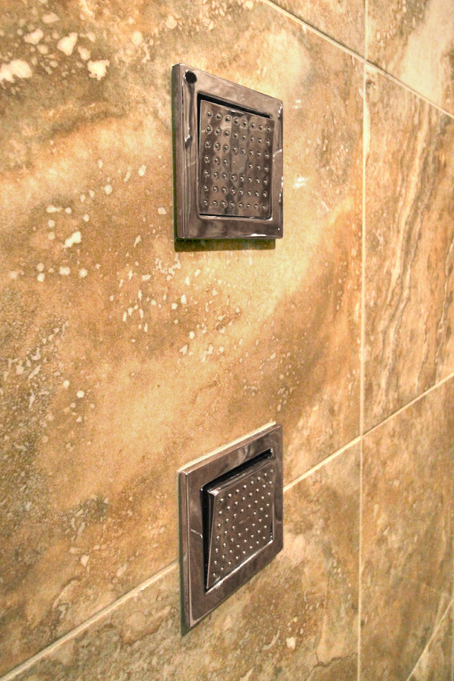 Example of a mid-sized transitional master brown tile and porcelain tile porcelain tile walk-in shower design in Boston with a pedestal sink, shaker cabinets, white cabinets, wood countertops, a two-piece toilet and green walls