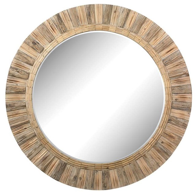 Natural Drift Wood Wicker 64 Round Beveled Wall Mirror