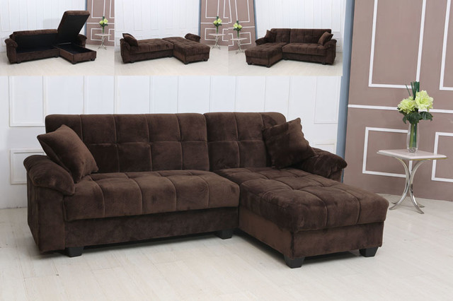 Modern Tufted Brown Microfiber Sectional Sofa Storage Couch Chaise Bed
