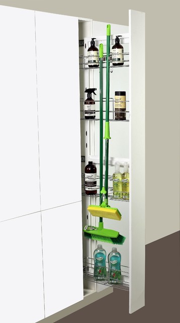 Storage ~ Pull-out units built into a tall narrow space for the