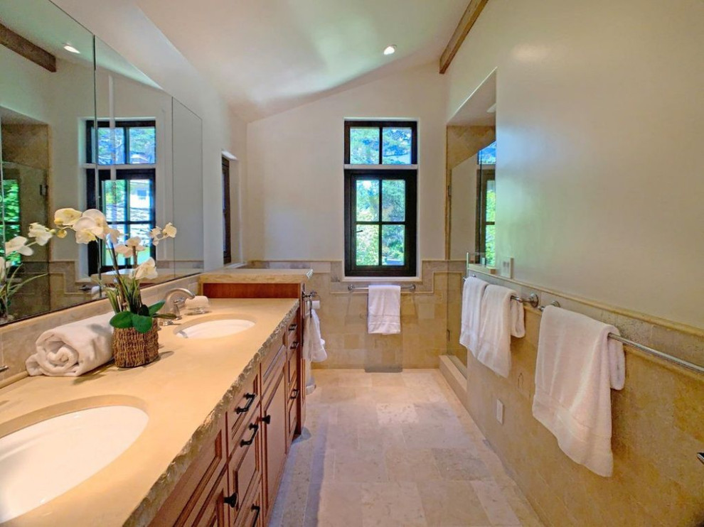 Bathroom - transitional master double-sink bathroom idea with shaker cabinets, an undermount sink and a built-in vanity