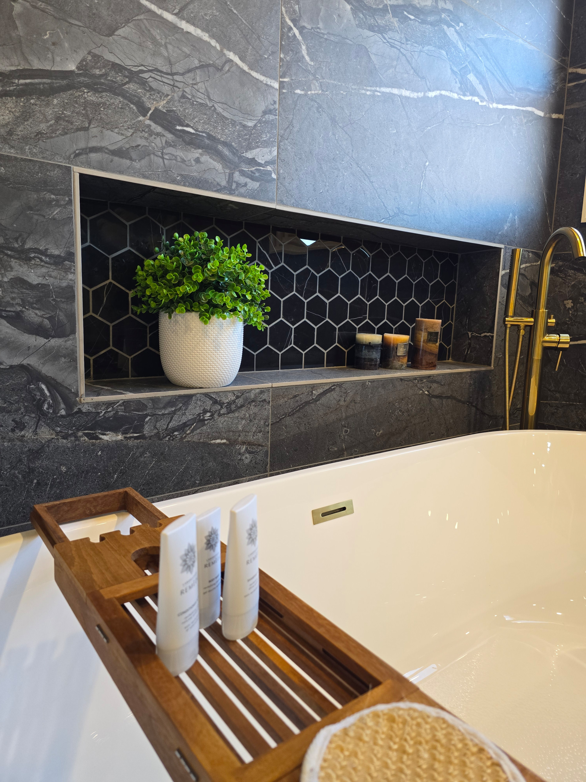 Main Bath full remodeling with custom vanity, freestanding tub & walk-in shower