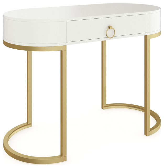 Modern Vanity Table, Gold Painted Frame and White Body With Drawer