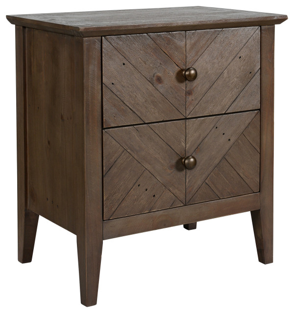 2 Drawer Nightstand with Herringbone Pattern and Chamfered Legs, Brown