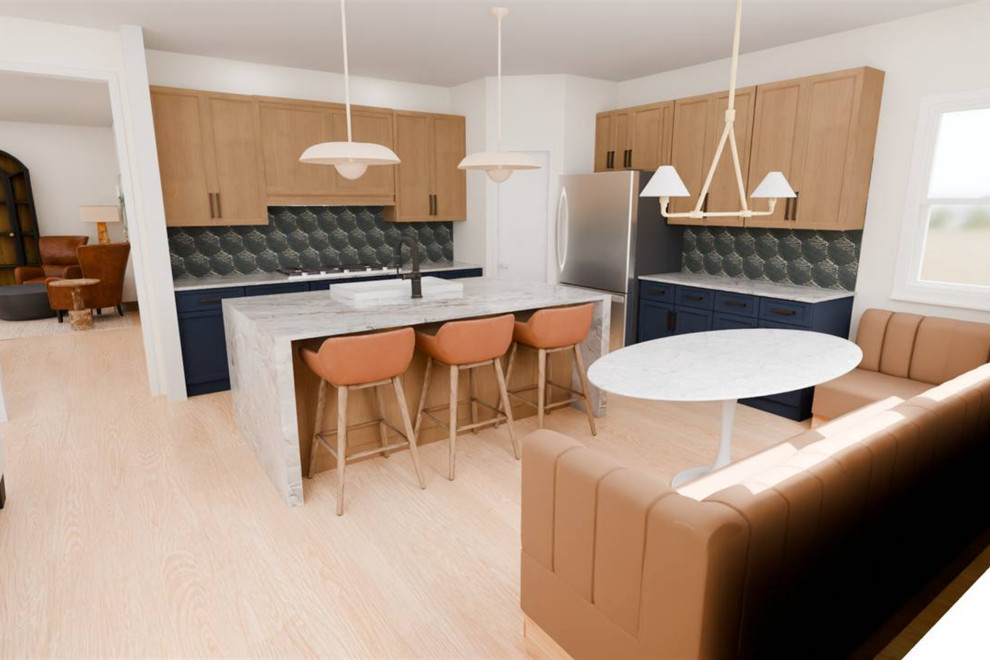 3D RENDERING: BANQUETTE DINING NOOK LOOKING INTO THE KITCHEN