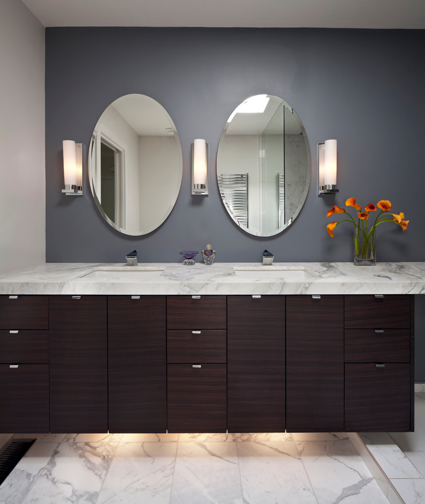 Design ideas for a contemporary bathroom in Vancouver with an undermount sink, flat-panel cabinets, dark wood cabinets and white tile.