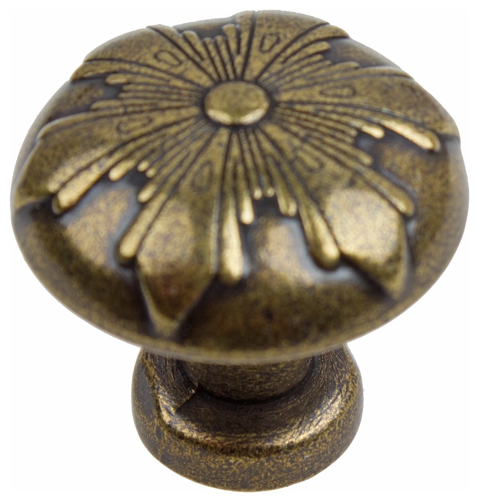 1-1/8" Round Snowflake Cabinet Knob, Antique Brass
