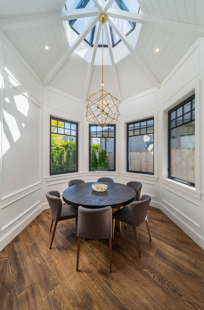 Mid-sized arts and crafts dark wood floor, brown floor, shiplap ceiling and wainscoting breakfast nook photo in Vancouver with white walls