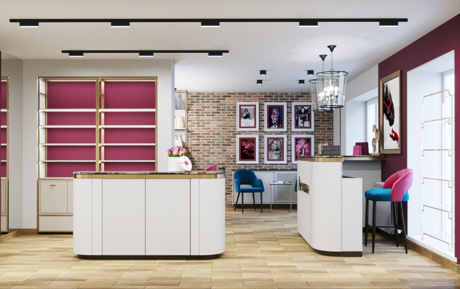 Дизайн интерьера магазина парфюмерии с зоной кафе в аутентичном стиле.