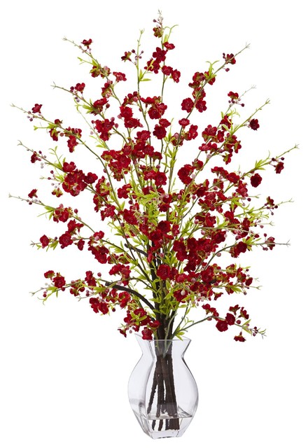Artificial Flowers Red Cherry Blossom In Glass Vase Silk Flowers