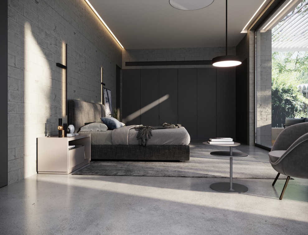 Идея дизайна: большая хозяйская спальня в стиле модернизм с серыми стенами, бетонным полом, серым полом, кессонным потолком и кирпичными стенами без камина