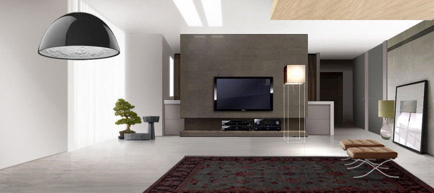 Вид на кухню, которая "прячется" за стеной облицованной камнем