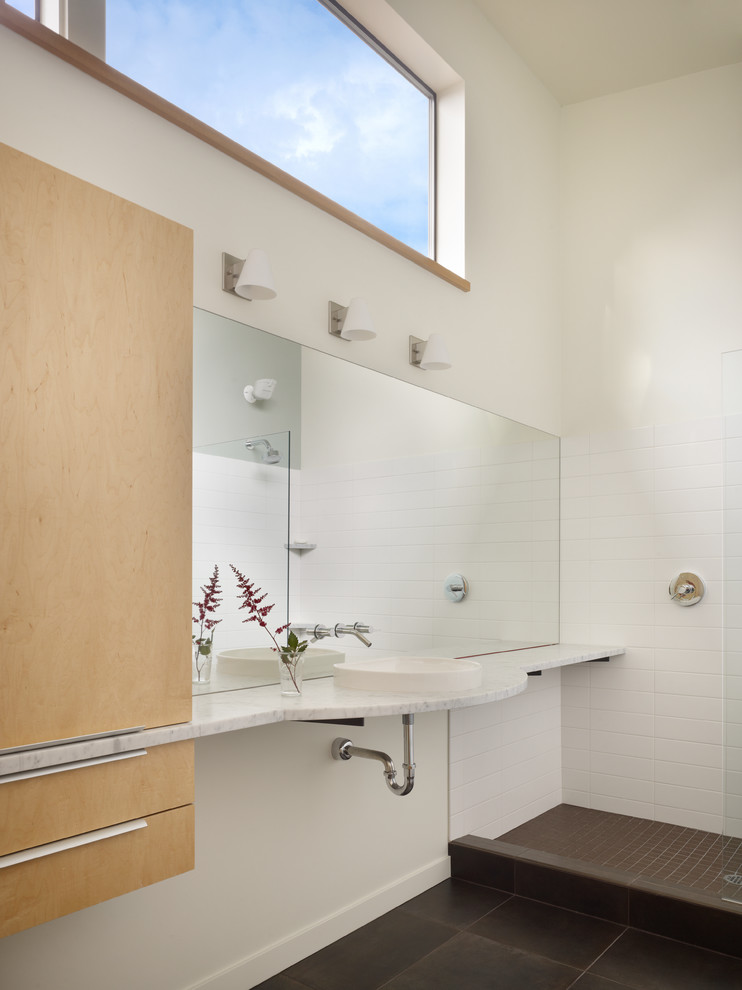 Design ideas for a modern bathroom in Seattle with a vessel sink.