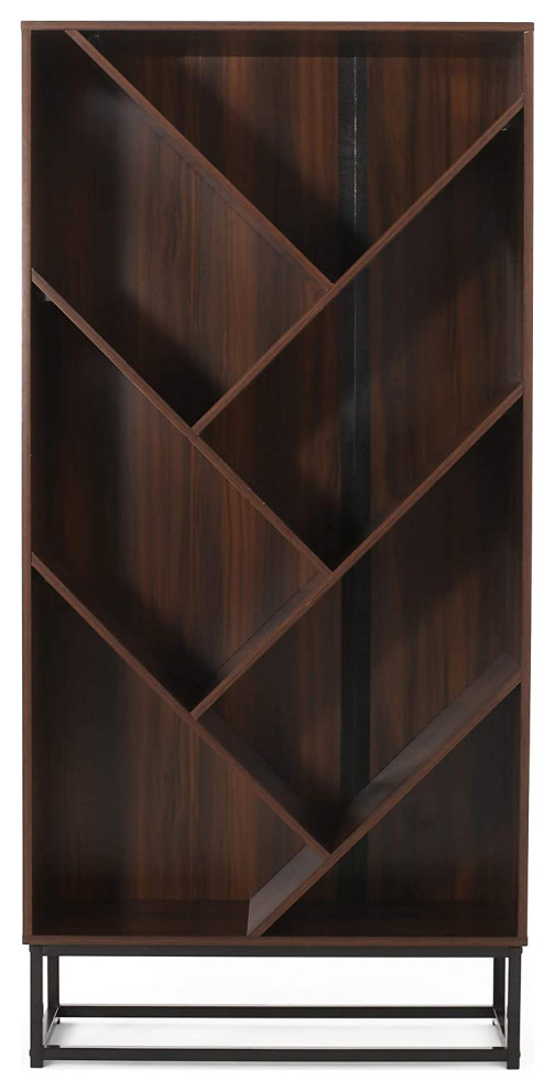 Modern Bookcase, Unique Design With VShaped Open Compartments, Dark Walnut Transitional