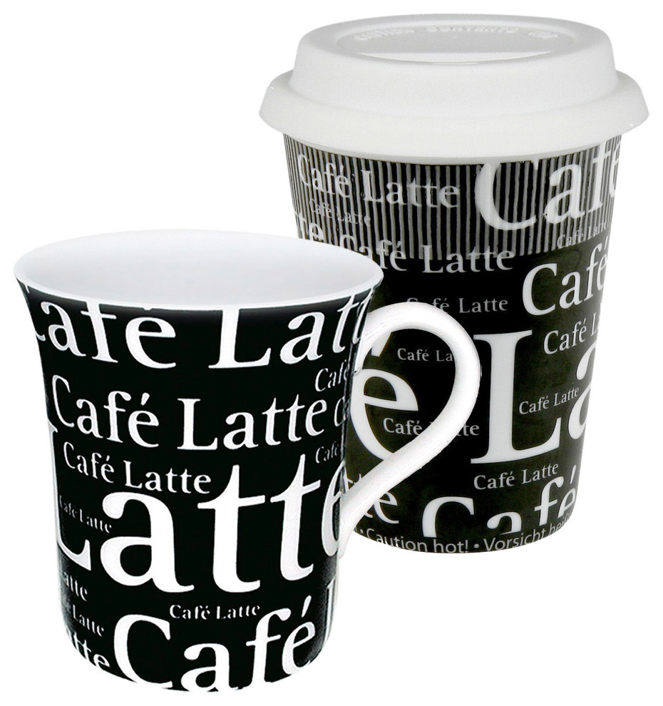 Set of 2 Mugs Cafe Latte Writing on Black To Stay/To Go