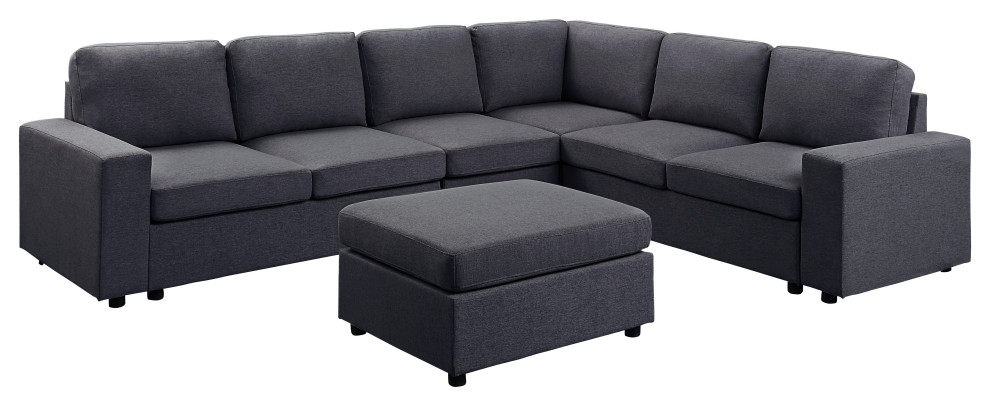 Bayside Modular Sectional Sofa With Ottoman, Dark Gray Linen
